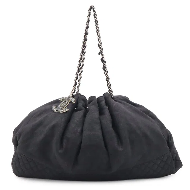Chanel CC Logo Melrose Cabas Quilted Chain Shoulder Bag Cotton Jersey Black in Black from The Reluxe