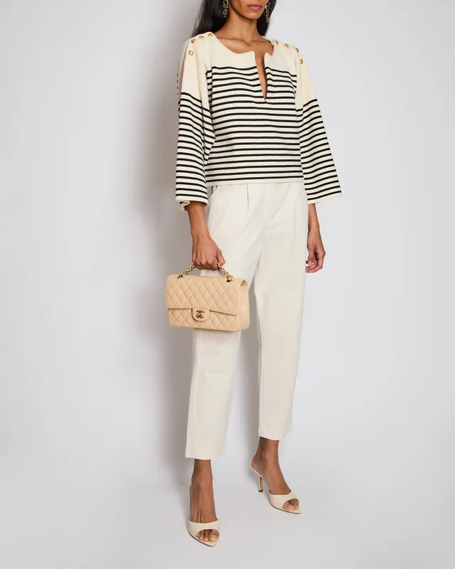 Celine White Striped V-Neck Long Sleeve Jumper with Button Detail Size S (UK 8) in White from Sellier