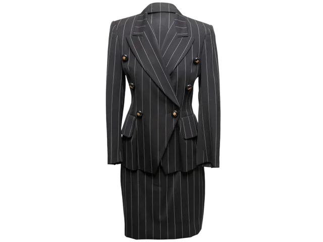 Black Escada Wool Pinstripe Double-Breasted Skirt Suit Size EU 34 in Black Wool from Designer Revival