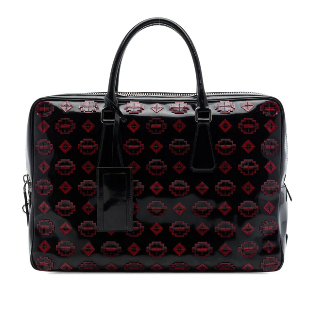 Black Prada Spazzolato Leather Geometric Applique Briefcase Business Bag in Black Leather from Designer Revival