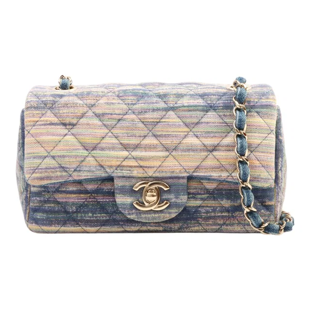 Chanel Circa 2018 Denim Matelassé Stitch CC Turn-Lock Chain Shoulder Bag Indigo/Multi in Denim from VINTAGE QOO TOKYO