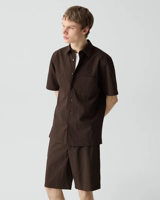 Theory Noll Short-Sleeve Shirt in Kelso Nylon in ESPRESSO BEAN, photo 10 of 14 from Theory