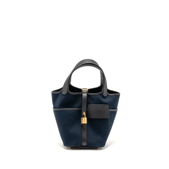 Hermès cargo Picotin 18 lock bag swift / toile canvas blue marine / caban GHW stamp U in Navy Swift leather from EMIER