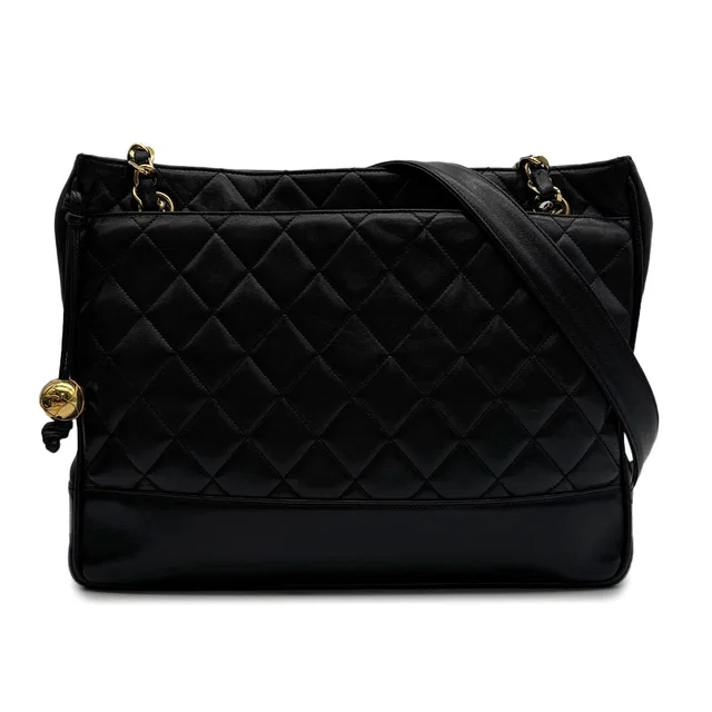Chanel Vintage Matelasse Chain Tote Bag Black Lamb Skin Gold Hardware in Black from Luxury Promise