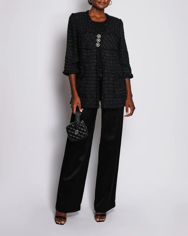 Chanel Vintage Navy and Black Fantasy Tweed Jacket with Silver Metallic Threads and Crystal and Pearl… in Black Tweed from Sellier