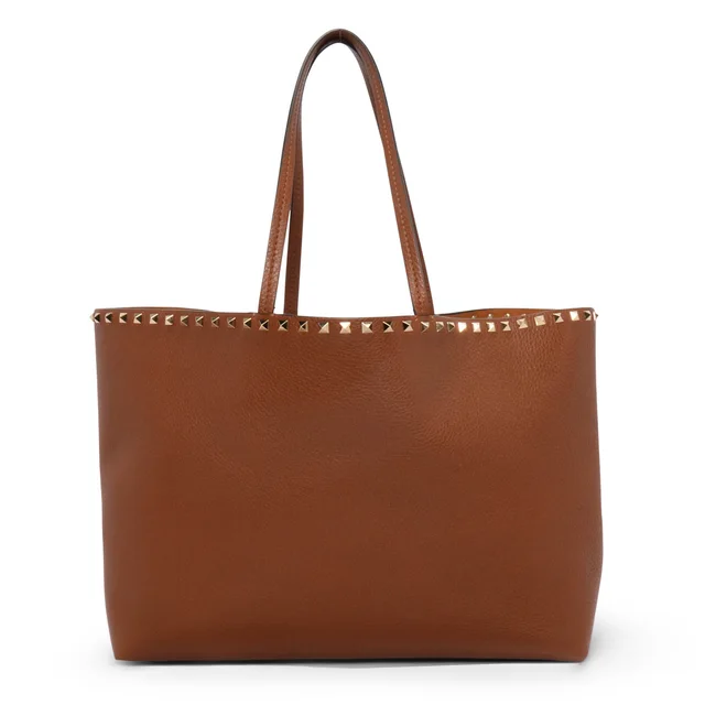 Valentino Garavani Grainy Calfskin Rockstud Tote in Tan Calfskin from Blue Spinach