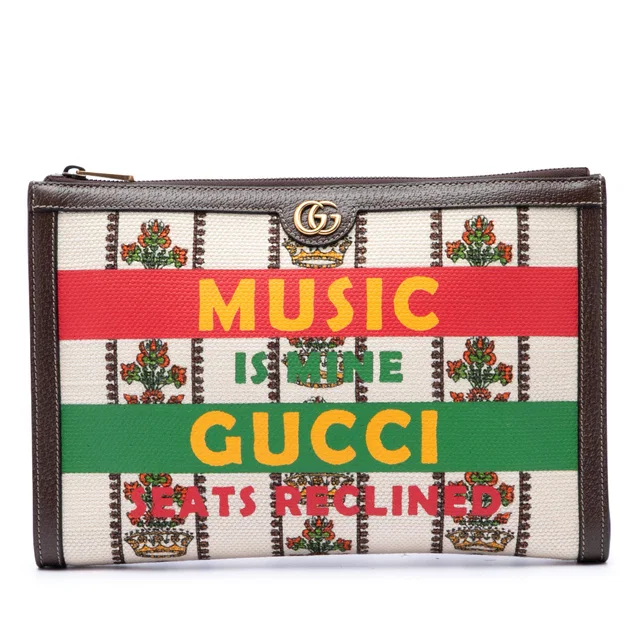 Beige Gucci Canvas 100 Centennial Music is Mine Clutch in Beige Canvas from Designer Revival