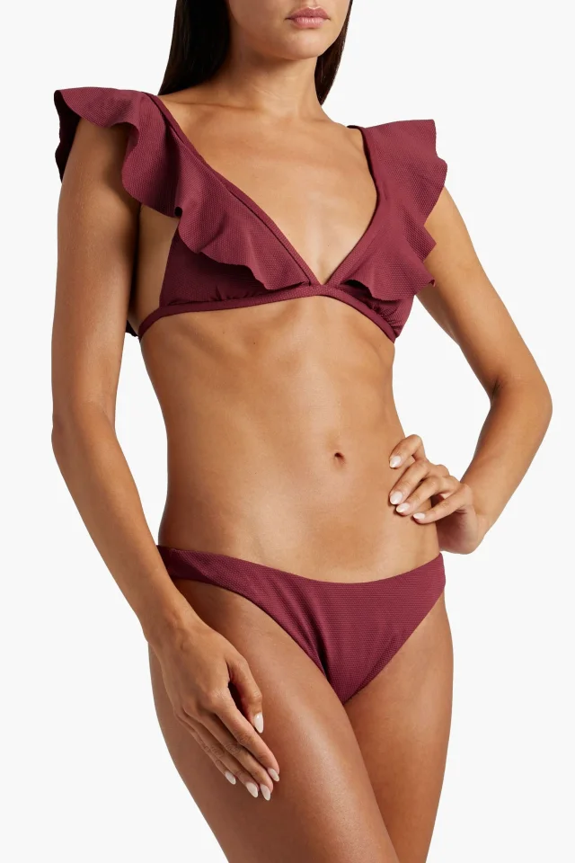 Eberjey Ruffled Stretch-Piqué Bikini Top in Claret, photo 2 of 4 from THE OUTNET