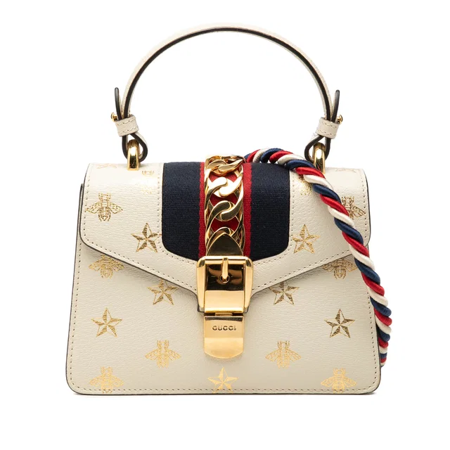 White Gucci Mini Calfskin Bee Star Web Sylvie Top Handle Bag Satchel in White Calfskin from Designer Revival