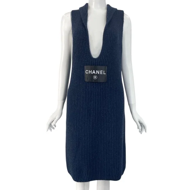 Chanel Logo Cashmere Sleeveless Dress 40 Navy in Navy Cashmere from The Reluxe