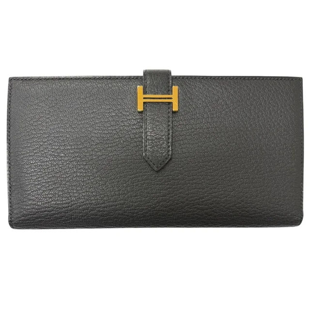 Hermès Bearn Soufflet Chevre Logo Gold Wallet Leather Black in Black Goatskin from The Reluxe