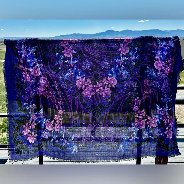 Versace Orchids Purple, Pink And Black Silk Scarf With Logo Xl Size With Box. in blue|purple Silk from Poshmark, photo 1 of 1
