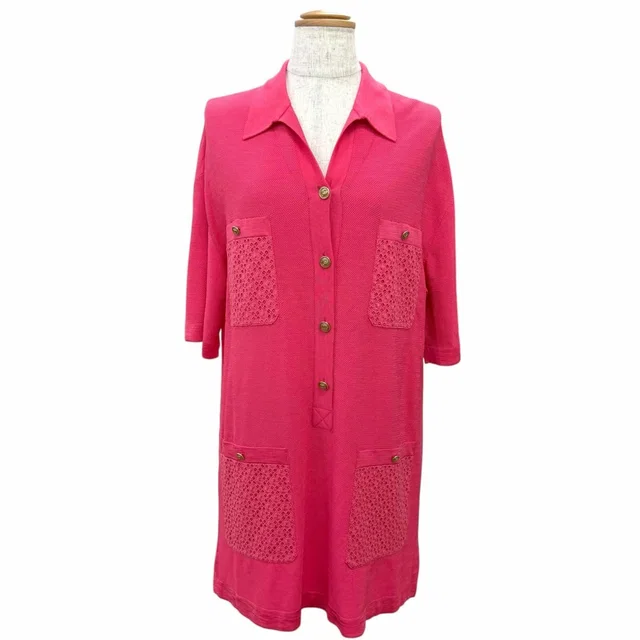 Chanel 21P CC Logo Button Long Short Sleeve Polo Shirt Pink Gold 34 in Pink from The Reluxe