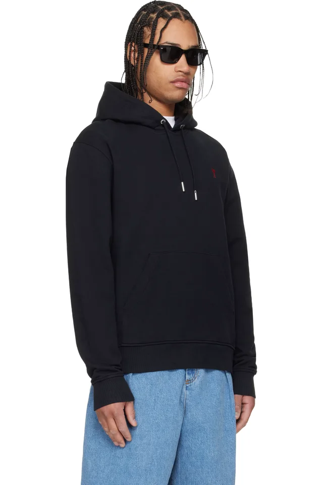 AMI Paris Black Cotton Red Ami de Coeur Hoodie, photo 2 of 4 from SSENSE