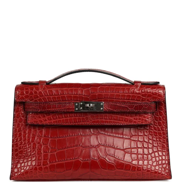 Hermès Kelly Pochette Rouge H Matte Alligator Mississippiensis Palladium Hardware in Burgundy Crocodile from Madison Avenue Couture