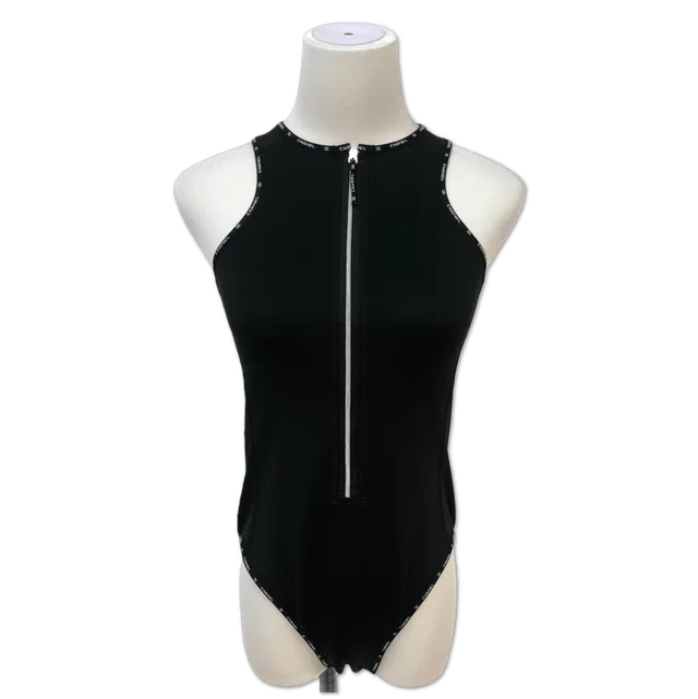 Chanel Black Logo-Trim Zip-Front Bodysuit Swimsut size 36 in Black from Luxury Promise