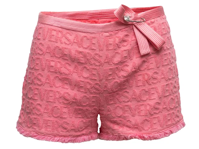 Pink Dua Lipa x Versace Terry Cloth Logo Short Size IT 40 in Pink Satin from Designer Revival