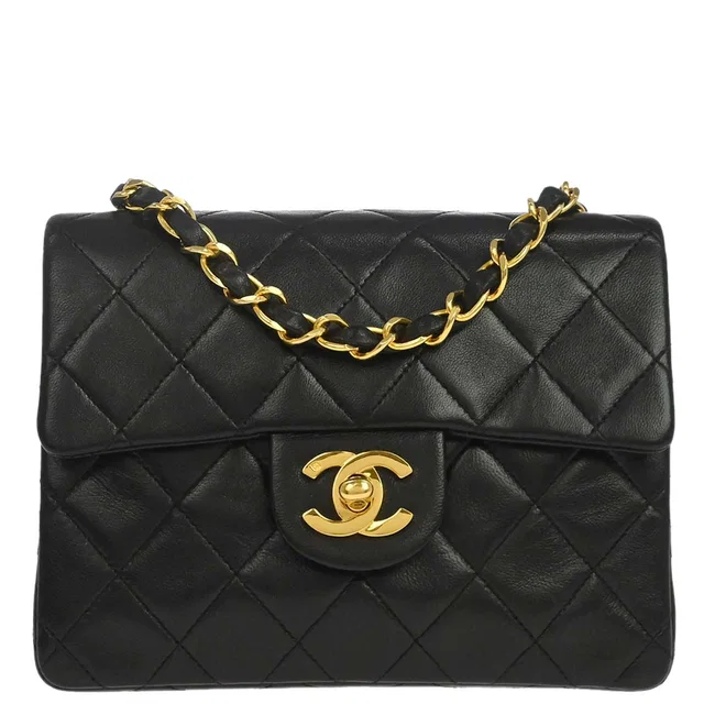 Chanel 1991-1994 Black Lambskin Mini Classic Square Flap Shoulder Bag 17 in Black Lambskin from AMORE Vintage Tokyo