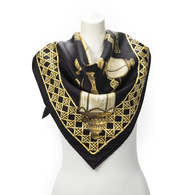 Hermès Scarf Black Gold Silk in Black Silk from The Reluxe