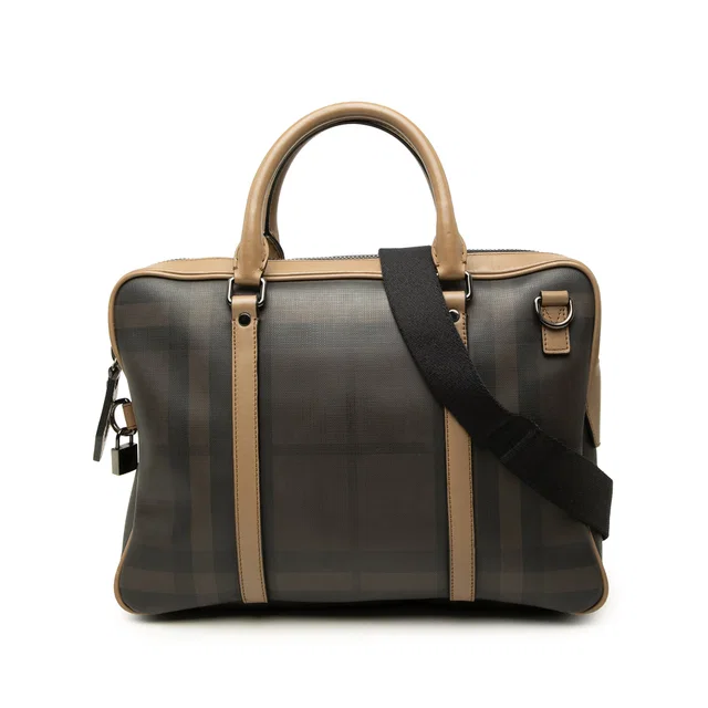 Gray Burberry Smoke Check Coated Canvas Clinton Business Bag in Grey Coated canvas from Designer Revival
