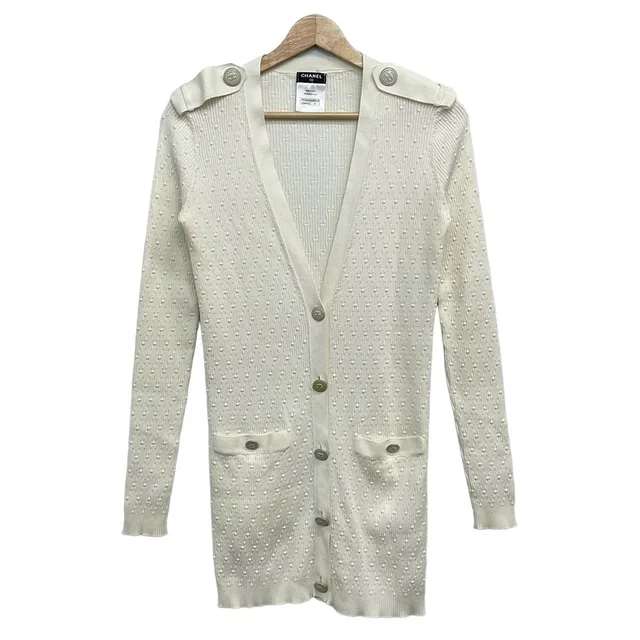 Chanel Cardigan 34 S White Long Sleeve CC Logo Tag One Side Resewn in White from The Reluxe