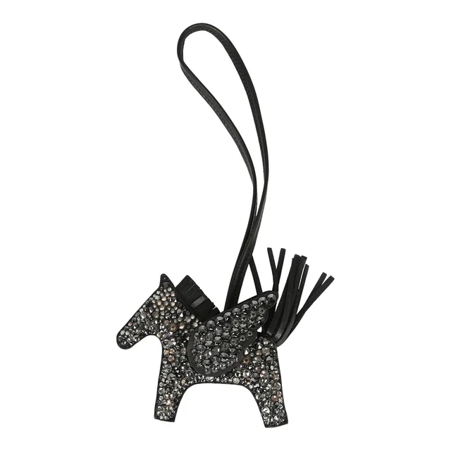 Custom Black Swarovski Crystal Hermes Bedazzled Pegase Rodeo Bag Charm PM Black Milo Lambskin in Black Lambskin from Madison Avenue Couture