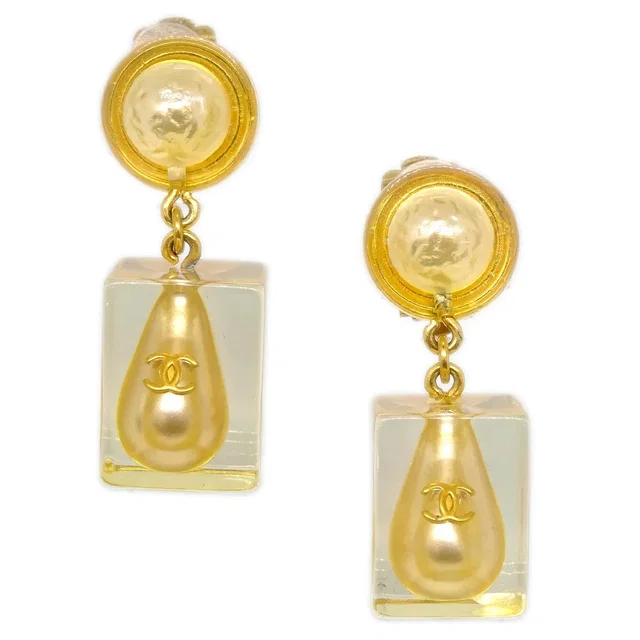 Chanel 1997 Faux Teardrop Pearl Dangle Earrings Clip-On Gold in Gold from AMORE Vintage Tokyo