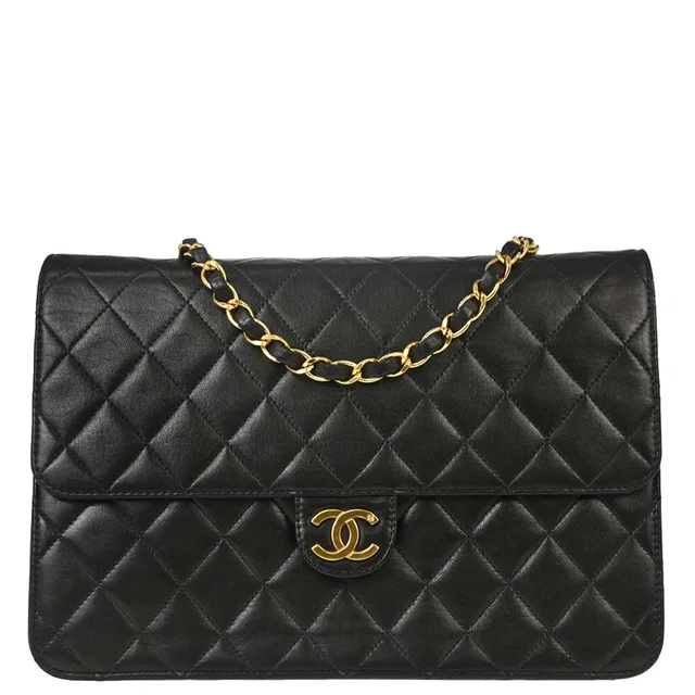 Chanel 1996-1997 Black Lambskin Pushlock Medium Half Flap Shoulder Bag in Black Lambskin from AMORE Vintage Tokyo