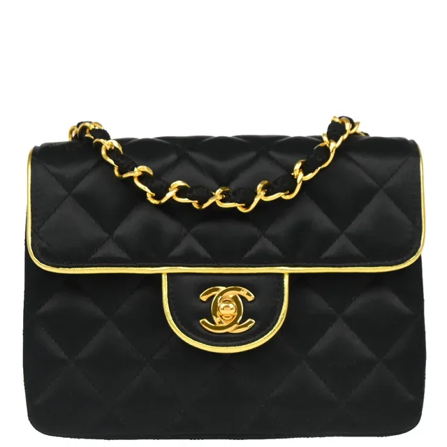 Chanel 1989-1991 Black Satin Mini Classic Square Flap Shoulder Bag 17 in Black Satin from AMORE Vintage Tokyo