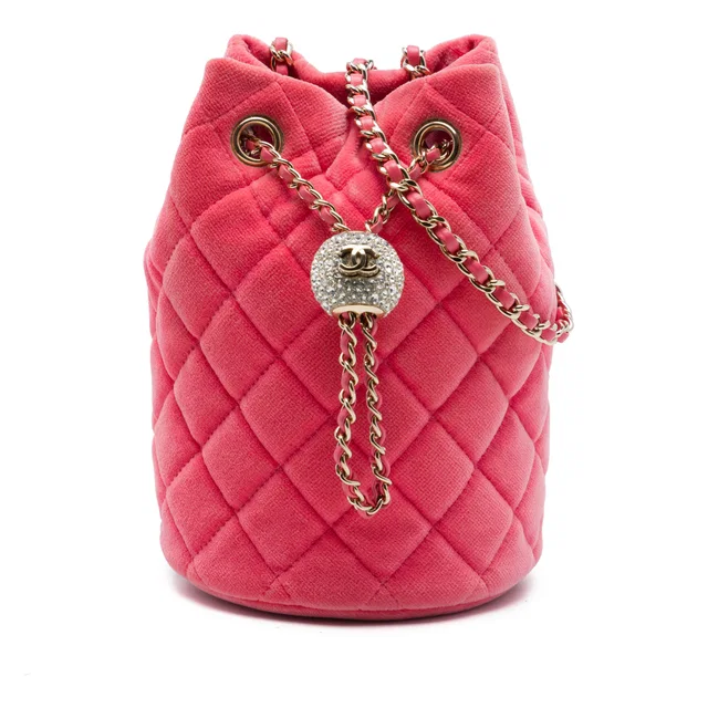Pink Chanel Mini Velvet Crystal Pearl Crush Bucket Bag in Pink Velvet from Designer Revival
