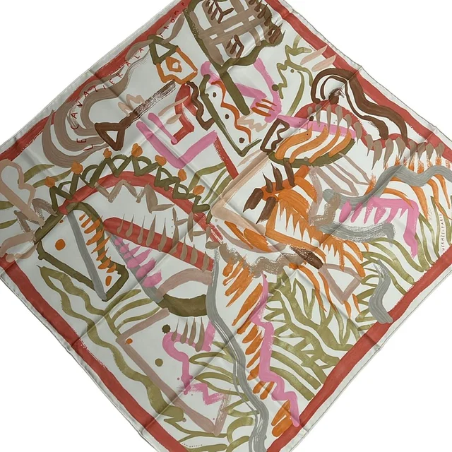 Hermès Scarf Carre 90 Ivory Pink Multi le Cavaliere a la Trompette in White from The Reluxe