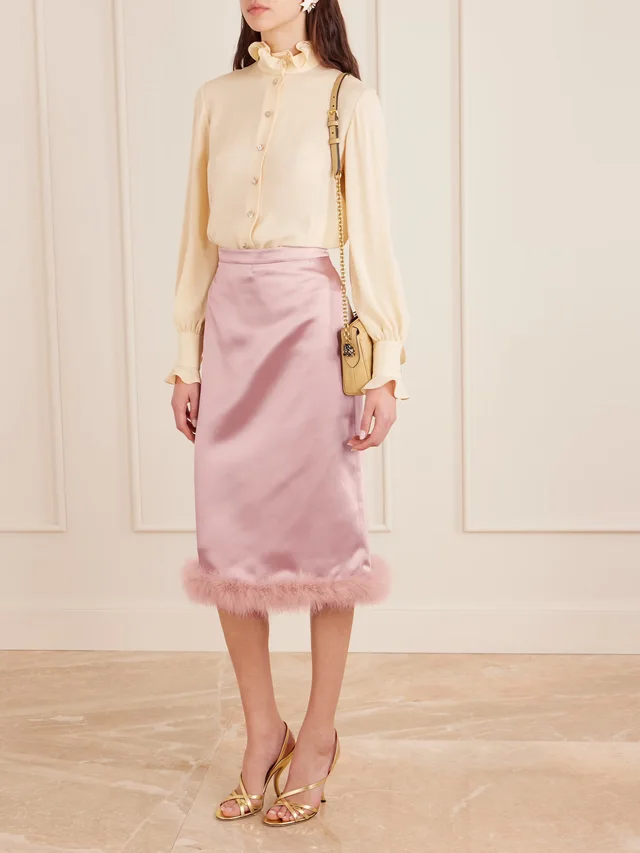 VALENTINO GARAVANI Feather-trimmed satin midi skirt in Pink, photo 2 of 2 from NET-A-PORTER (Canada)