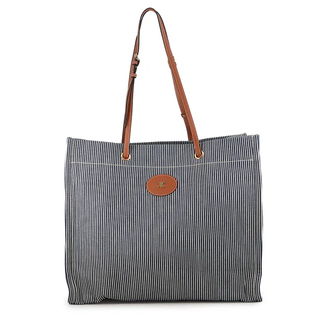 Celine Square Cabas Stripe Tote Bag Navy/Tan192802CHD.07AT Canvas Calf Leather in Navy Calfskin from GALLERY RARE