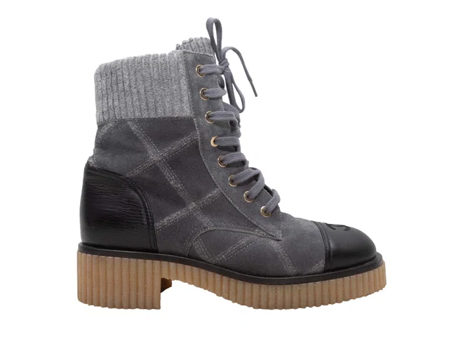 Grey & Black Chanel Quilted Suede & Leather Cap-Toe Boots Size 36 in Black Suede from Designer Revival