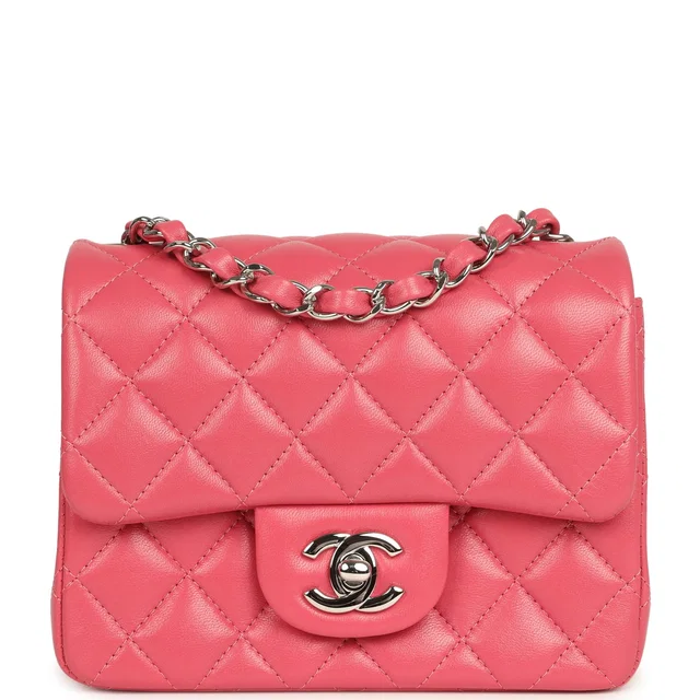 Chanel Mini Classic Square Flap Bag Pink Lambskin Silver Hardware in Pink Lambskin from Madison Avenue Couture