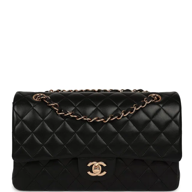 Chanel Medium Classic Double Flap Black Lambskin Rose Gold Hardware in Black Lambskin from Madison Avenue Couture