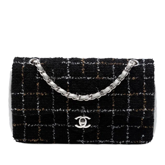 Black Chanel Medium Classic Quilted Tweed and Metallic Lambskin Double Flap Shoulder Bag in Black Lambskin from Designer Revival