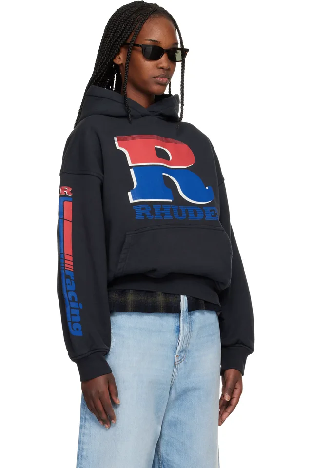 Rhude Black Split Petrol Logo Hoodie, photo 2 of 4 from SSENSE