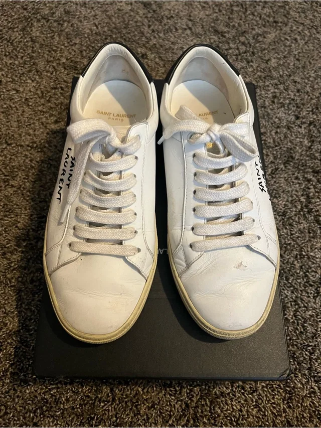 Saint Laurent White Leather Low-Top Sneakers With Black Heel Tab in black|white Leather from Poshmark