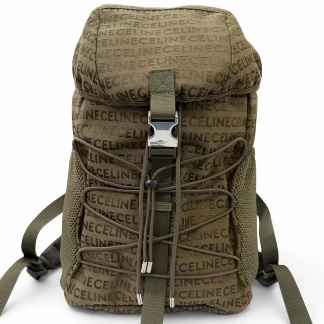 Celine Partial Leather Logo All Over Pattern Trekking Backpack Khaki in Green Canvas from The Reluxe