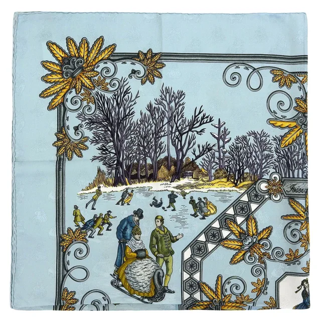 Hermès Carré 90 Les Joies d'Hiver Pattern Scarf Light Blue/Multi in Blue Silk from VINTAGE QOO TOKYO, photo 4 of 9