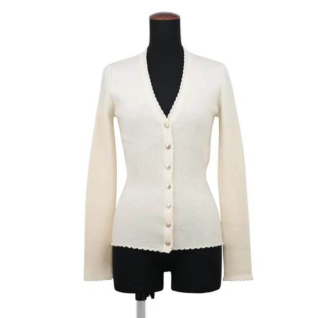 Chanel COCO Button Rib Knit Cardigan Size 34 IvoryP78450 Wool Polyurethane Polyamide in Wool from GALLERY RARE