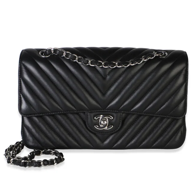 Chanel Black Chevron Lambskin Medium Classic Double Flap Bag in Black Lambskin from myGemma