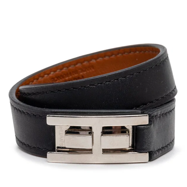 Black Hermès Leather Drag Double Tour Wrap Bracelet T1 in Black Leather from Designer Revival