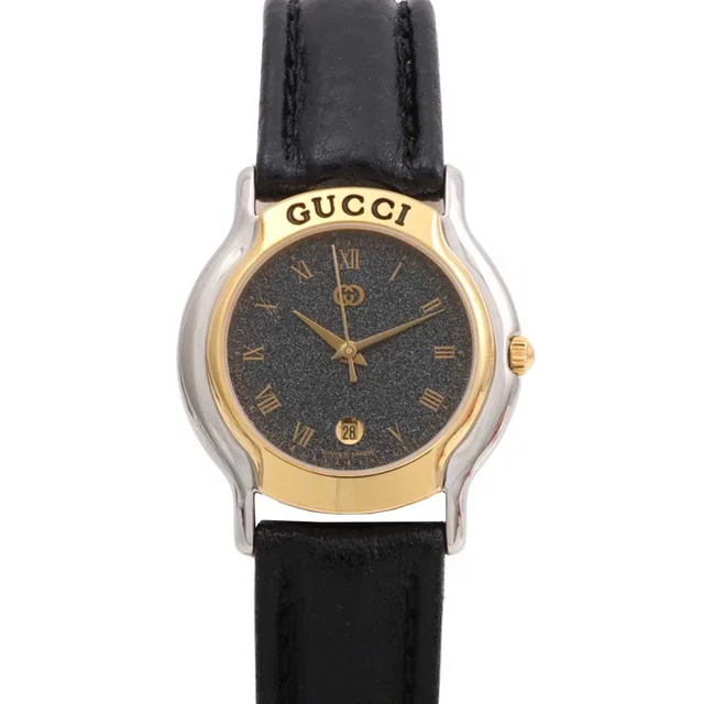 Gucci Round Logo Face Watch 29.7mm 8000L Quartz Grey/Black in Black Leather from VINTAGE QOO TOKYO
