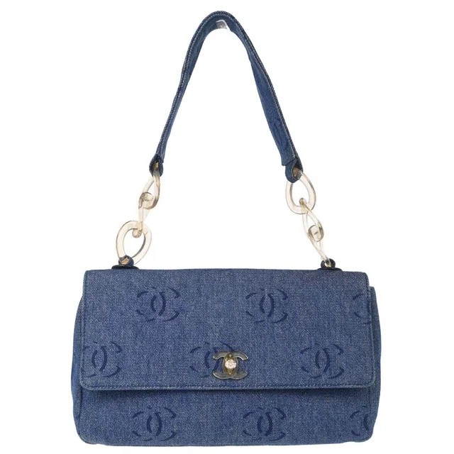 Chanel 2002-2003 Blue Denim Acrylic Chain Straight Flap Shoulder Bag in Blue Denim from AMORE Vintage Tokyo