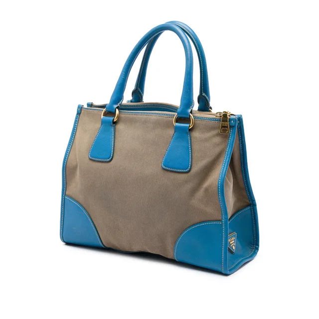 Brown Prada Saffiano Trimmed Canvas Canapa Logo Double Zip Satchel in Brown Saffiano leather from Designer Revival, photo 2 of 2