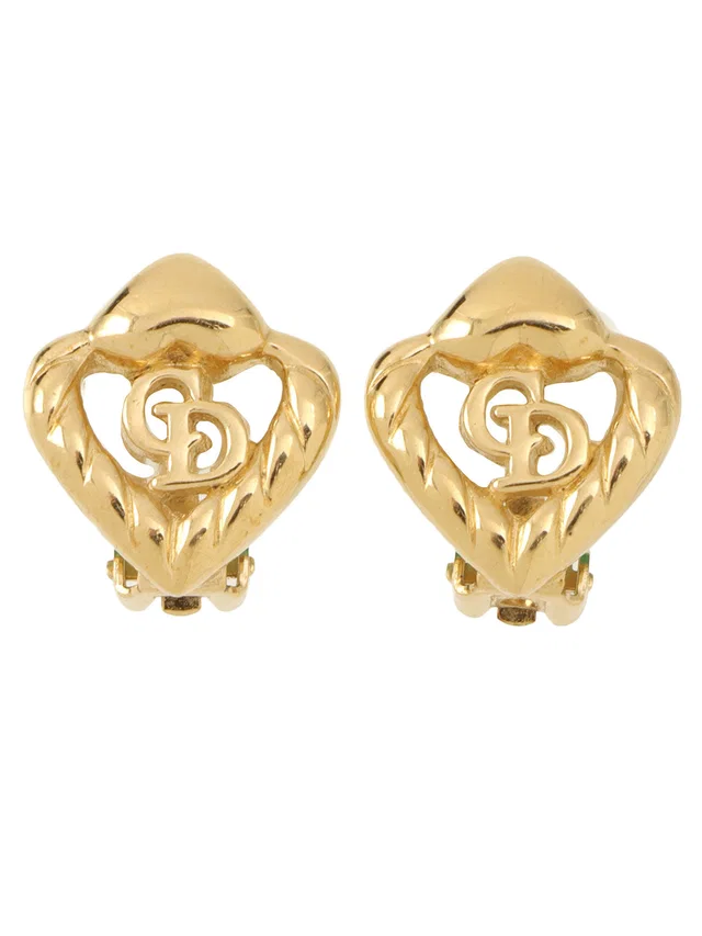 Dior Heart Cutout Logo Earrings Gold in Gold from VINTAGE QOO TOKYO