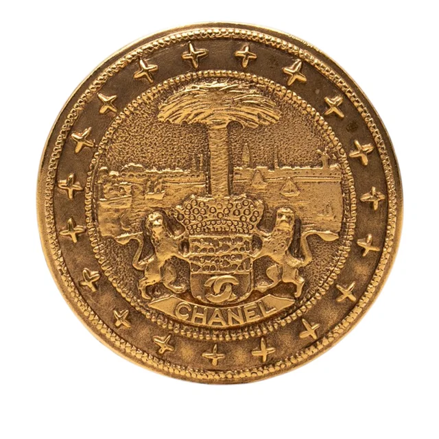 Gold Chanel CC Gold Plated Lion Crest Medallion Brooch in Gold from Designer Revival