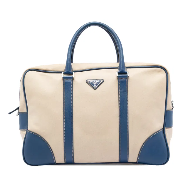 Beige Prada Saffiano Trimmed Canvas Briefcase Business Bag in Beige Saffiano leather from Designer Revival